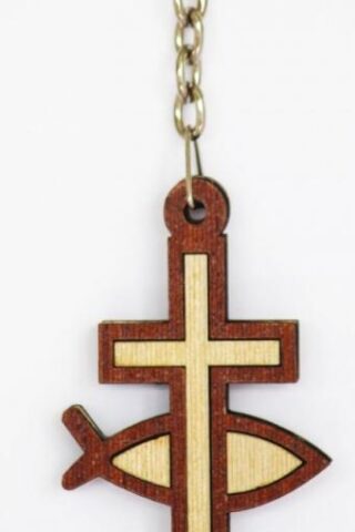 810013850154 Wooden Ichthus And Cross Key Chain
