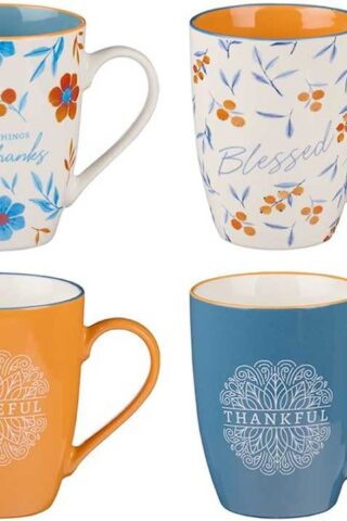 6006937151833 Floral Ceramic Coffee and Tea Mug Set: In All Things Give Thanks: Thankful