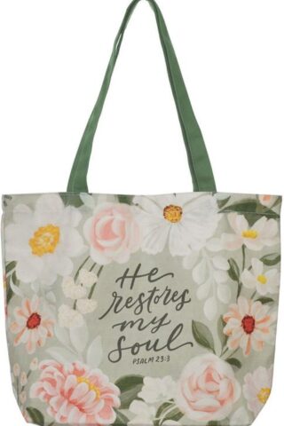 1220000329928 Natural Canvas Reusable Scripture Tote Bag for Women: He Restores My Soul Encour