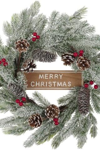 1220000329249 Large Decorated Artificial Indoor Evergreen Merry Christmas Wreath: Snowy Branch