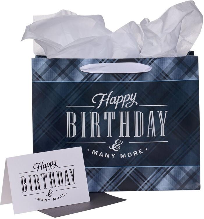 1220000138391 Black Plaid Gift Bag with Card & Tissue Paper: Happy Birthday & Many More