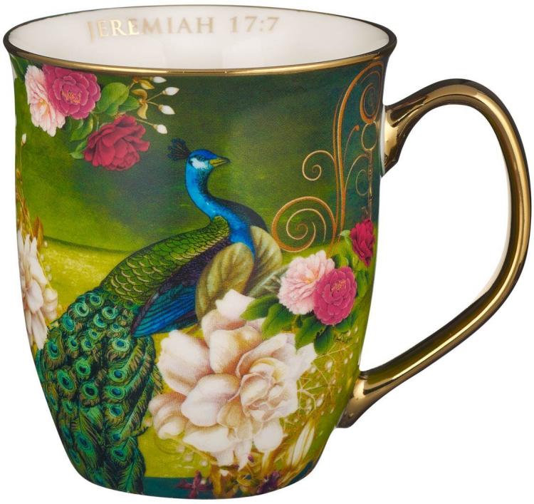 1220000323001 Large Ceramic Peacock Scripture Coffee & Tea Mug for Women: Blessed - Inspiratio
