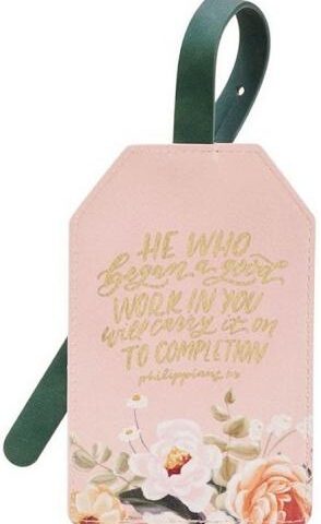 1220000328068 He Who Began A Good Work Pink Floral Faux Leather Luggage Tag Philippians 1
