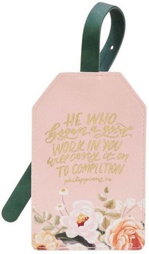 1220000328068 He Who Began A Good Work Pink Floral Faux Leather Luggage Tag Philippians 1