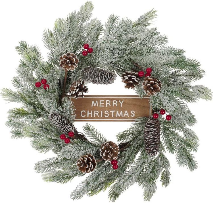 1220000329249 Large Decorated Artificial Indoor Evergreen Merry Christmas Wreath: Snowy Branch