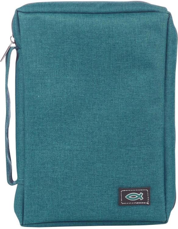 6006937139633 Teal Canvas Bible Cover for Men and Women with Jesus Fish Symbol Applique